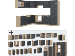 Best Vicco R-Line Einbauküche in L-Form Schwarz Beton/Goldkraft Eiche 227 x 287 cm AP Anthrazit ohne E-Geräte Beton Dunkelgrau