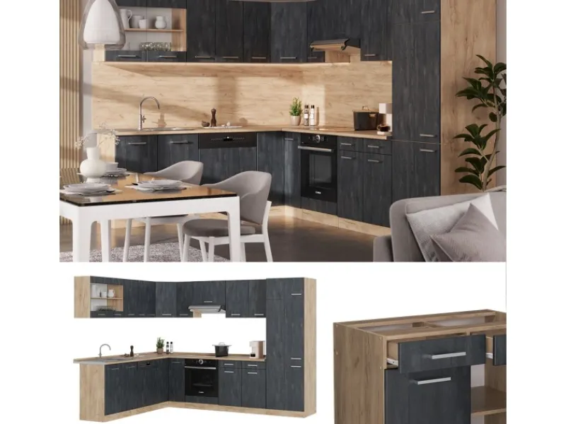 Vicco R-Line Einbauküche in L-Form Schwarz Beton/Goldkraft Eiche 227 x 287 cm AP Eiche ohne E-Geräte< Einbauküchen|Winkelküchen