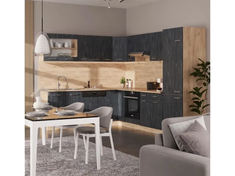 Vicco R-Line Einbauküche in L-Form Schwarz Beton/Goldkraft Eiche 227 x 287 cm AP Eiche ohne E-Geräte< Einbauküchen|Winkelküchen