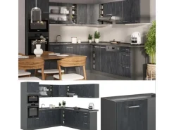 Discount Vicco R-Line Einbauküche in L-Form Schwarz Beton/Anthrazit 237 x 247 cm AP Marmor ohne E-Geräte Beton Anthrazit