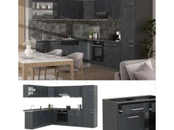 Vicco R-Line Einbauküche in L-Form Schwarz Beton/Anthrazit 227 x 287 cm AP Marmor ohne E-Geräte< Winkelküchen|Einbauküchen
