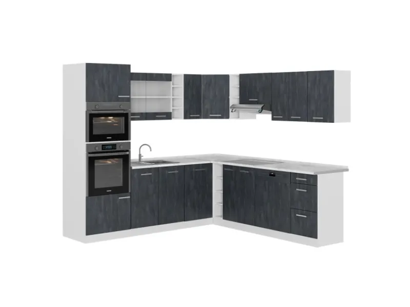 Winkelküchen|Einbauküchen<Vicco R-Line Einbauküche in L-Form Schwarz Beton/Weiß 237 x 247 cm ohne Arbeitsplatte ohne E-Geräte