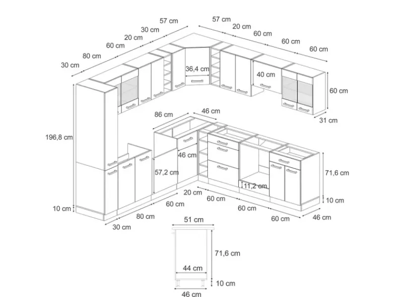 Winkelküchen|Einbauküchen<Vicco R-Line Einbauküche in L-Form Schwarz Beton/Weiß 237 x 247 cm ohne Arbeitsplatte ohne E-Geräte