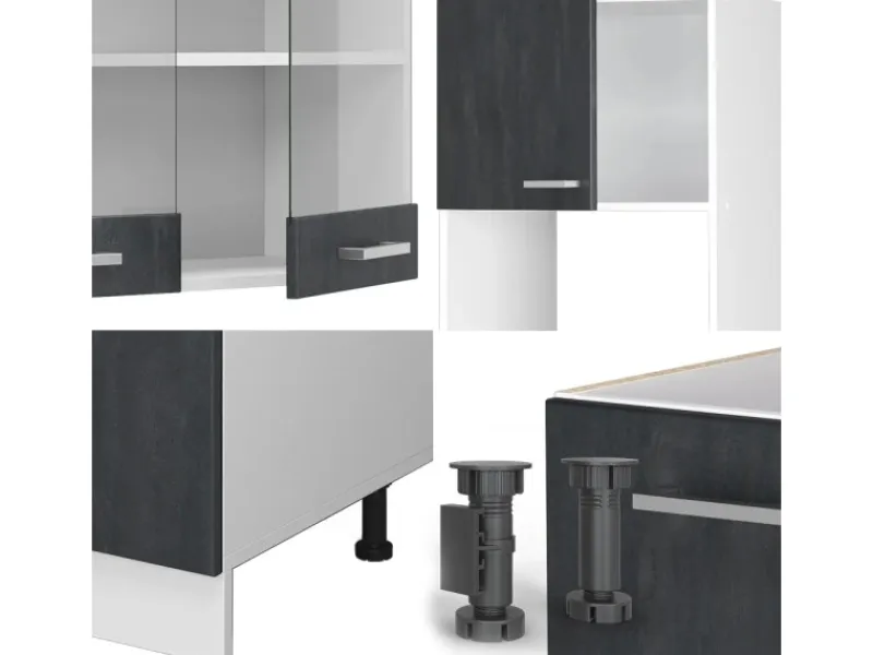 Winkelküchen|Einbauküchen<Vicco R-Line Einbauküche in L-Form Schwarz Beton/Weiß 237 x 247 cm ohne Arbeitsplatte ohne E-Geräte