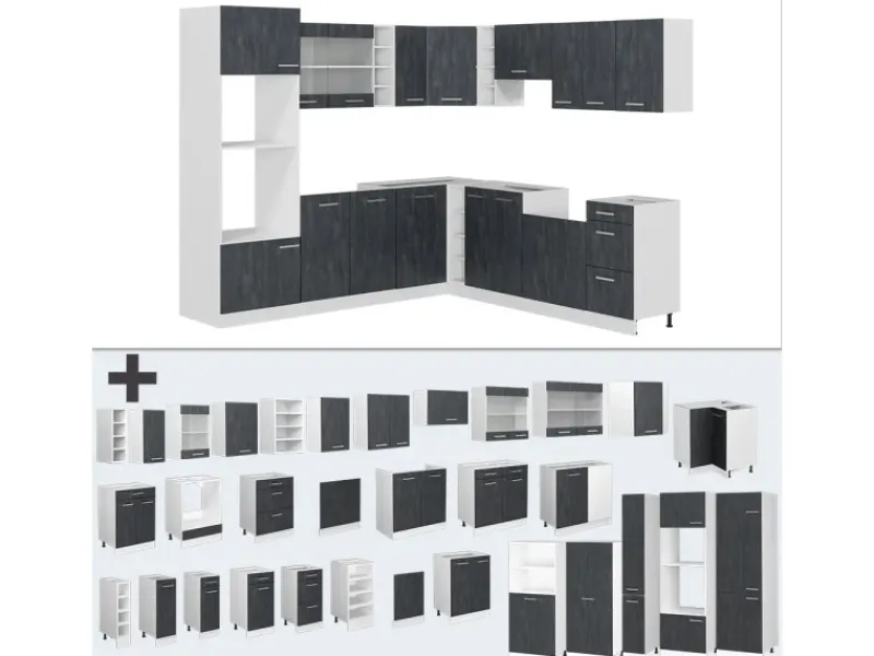 Winkelküchen|Einbauküchen<Vicco R-Line Einbauküche in L-Form Schwarz Beton/Weiß 237 x 247 cm ohne Arbeitsplatte ohne E-Geräte