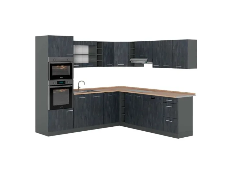 Vicco R-Line Einbauküche in L-Form Schwarz Beton/Anthrazit 237 x 247 cm AP Eiche ohne E-Geräte< Winkelküchen