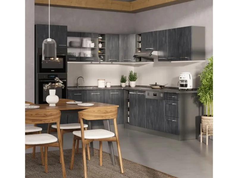 Vicco R-Line Einbauküche in L-Form Schwarz Beton/Anthrazit 237 x 247 cm AP Eiche ohne E-Geräte< Winkelküchen