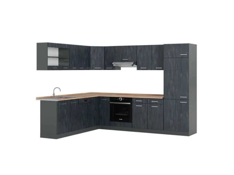 Winkelküchen|Einbauküchen<Vicco R-Line Einbauküche in L-Form Schwarz Beton/Anthrazit 227 x 287 cm AP Eiche ohne E-Geräte
