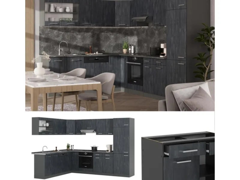 Winkelküchen|Einbauküchen<Vicco R-Line Einbauküche in L-Form Schwarz Beton/Anthrazit 227 x 287 cm AP Eiche ohne E-Geräte