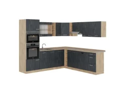 Vicco R-Line Einbauküche in L-Form Schwarz Beton/Goldkraft Eiche 237 x 247 cm ohne Arbeitsplatte ohne E-Geräte< Winkelküchen|Einbauküchen