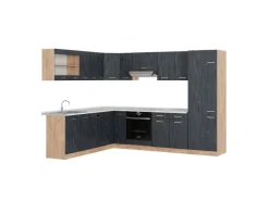 New Vicco R-Line Einbauküche in L-Form Schwarz Beton/Goldkraft Eiche 227 x 287 cm AP Marmor ohne E-Geräte Beton Dunkelgrau