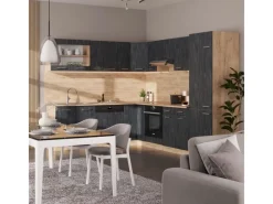 New Vicco R-Line Einbauküche in L-Form Schwarz Beton/Goldkraft Eiche 227 x 287 cm AP Marmor ohne E-Geräte Beton Dunkelgrau