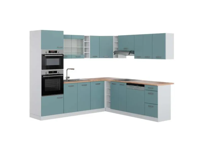 Vicco R-Line Einbauküche in L-Form Blau-Grau/Weiß 237 x 247 cm AP Eiche ohne E-Geräte< Winkelküchen|Kücheninseln