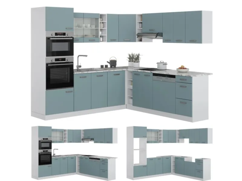 Vicco R-Line Einbauküche in L-Form Blau-Grau/Weiß 237 x 247 cm AP Eiche ohne E-Geräte< Winkelküchen|Kücheninseln