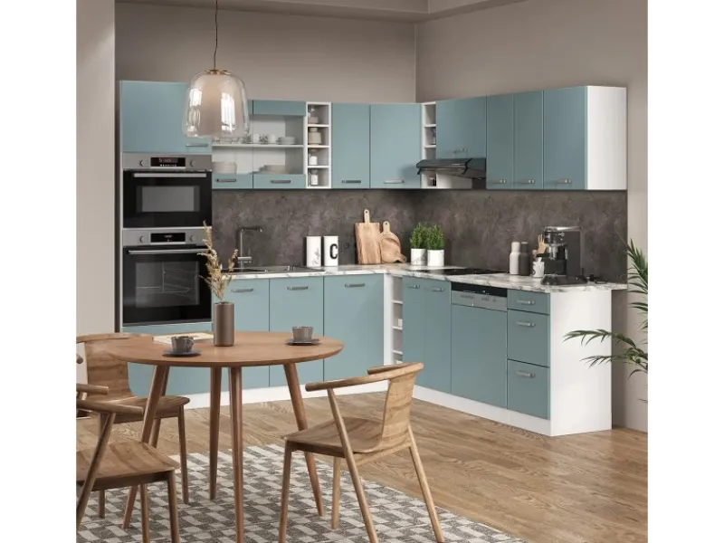 Vicco R-Line Einbauküche in L-Form Blau-Grau/Weiß 237 x 247 cm AP Eiche ohne E-Geräte< Winkelküchen|Kücheninseln
