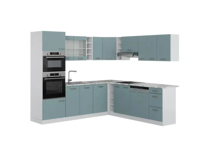 Winkelküchen<Vicco R-Line Einbauküche in L-Form Blau-Grau 237 x 60 cm AP Marmor ohne E-Geräte