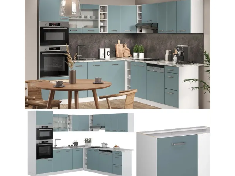 Winkelküchen<Vicco R-Line Einbauküche in L-Form Blau-Grau 237 x 60 cm AP Marmor ohne E-Geräte