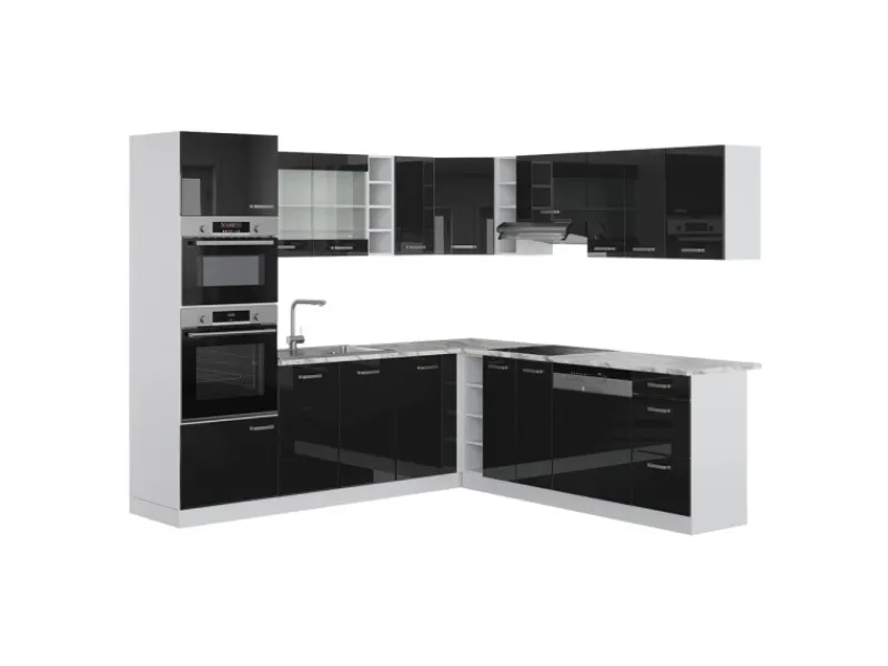 Clearance Vicco R-Line Einbauküche in L-Form 237 x 60 cm AP Marmor ohne E-Geräte Schwarz Hochglanz