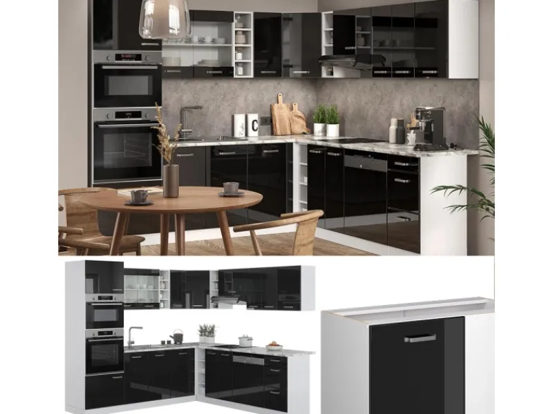 Clearance Vicco R-Line Einbauküche in L-Form 237 x 60 cm AP Marmor ohne E-Geräte Schwarz Hochglanz