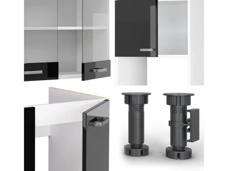 Clearance Vicco R-Line Einbauküche in L-Form 237 x 60 cm AP Marmor ohne E-Geräte Schwarz Hochglanz