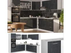 Winkelküchen|Einbauküchen<Vicco R-Line Einbauküche in L-Form Schwarz Beton/Weiß 237 x 247 cm AP Eiche ohne E-Geräte