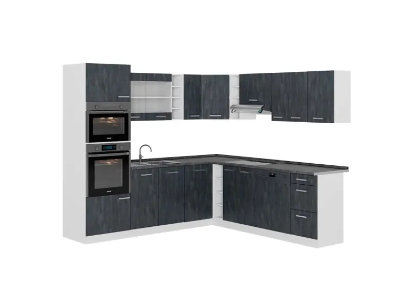 Online Vicco R-Line Einbauküche Schwarz Beton/Weiß 237 x 247 cm AP Anthrazit ohne E-Geräte Beton Dunkelgrau