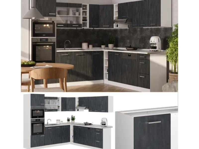 Online Vicco R-Line Einbauküche Schwarz Beton/Weiß 237 x 247 cm AP Anthrazit ohne E-Geräte Beton Dunkelgrau