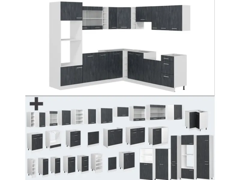 Online Vicco R-Line Einbauküche Schwarz Beton/Weiß 237 x 247 cm AP Anthrazit ohne E-Geräte Beton Dunkelgrau