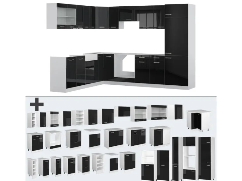 Outlet Vicco R-Line Einbauküche 227 x 287 cm ohne Arbeitsplatte ohne E-Geräte Schwarz Hochglanz