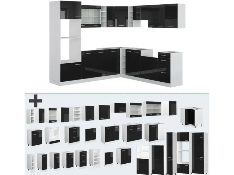 Hot Vicco R-Line Einbauküche /Weiß 237 x 60 cm ohne Arbeitsplatte ohne E-Geräte Schwarz Hochglanz