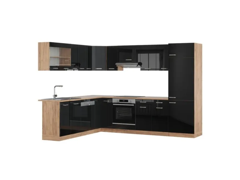 New Vicco R-Line Einbauküche /Goldkraft Eiche 227 x 287 cm ohne Arbeitsplatte ohne E-Geräte Schwarz Hochglanz