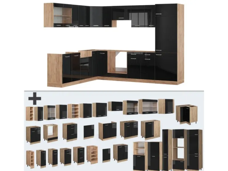 New Vicco R-Line Einbauküche /Goldkraft Eiche 227 x 287 cm ohne Arbeitsplatte ohne E-Geräte Schwarz Hochglanz