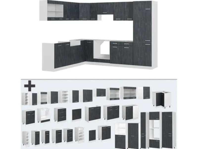 Vicco R-Line Einbauküche Schwarz Beton/Weiß 227 x 287 cm AP Anthrazit ohne E-Geräte< Winkelküchen|Einbauküchen