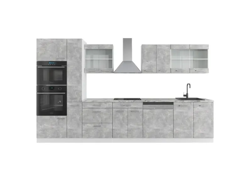 Einbauküchen<Vicco R-Line Küche Beton/Weiß 350 cm mit HochschrankAP Marmor ohne E-Geräte