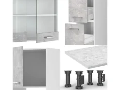 Einbauküchen<Vicco R-Line Küche Beton/Weiß 350 cm mit HochschrankAP Marmor ohne E-Geräte