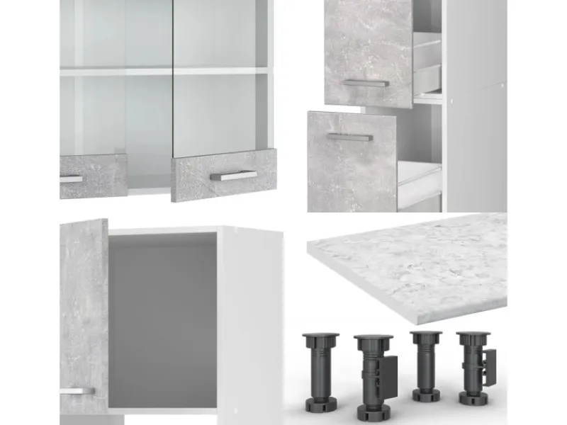 Einbauküchen<Vicco R-Line Küche Beton/Weiß 350 cm mit HochschrankAP Marmor ohne E-Geräte