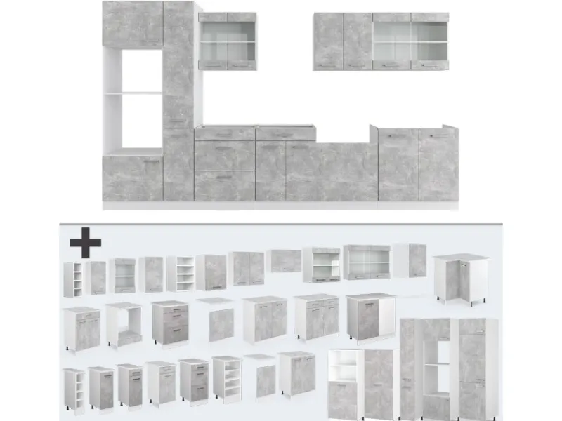 Einbauküchen<Vicco R-Line Küche Beton/Weiß 350 cm mit HochschrankAP Marmor ohne E-Geräte