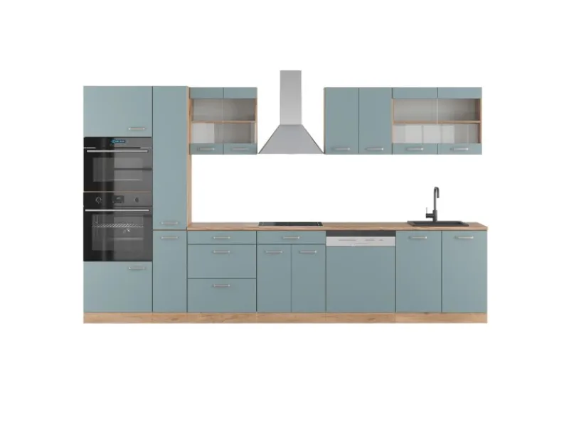 Vicco R-Line Küche Blau-Grau/Goldkraft Eiche 350 cm mit HochschrankAP Eiche ohne E-Geräte< Einbauküchen