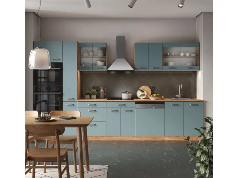Vicco R-Line Küche Blau-Grau/Goldkraft Eiche 350 cm mit HochschrankAP Eiche ohne E-Geräte< Einbauküchen
