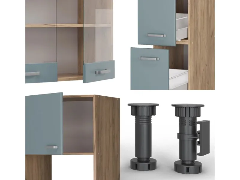 Vicco R-Line Küche Blau-Grau/Goldkraft Eiche 350 cm mit HochschrankAP Eiche ohne E-Geräte< Einbauküchen