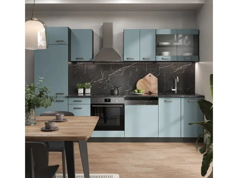 Outlet Vicco R-Line Küche Blau-Grau/Anthrazit 300 cm ohne Arbeitsplatte ohne E-Geräte Blaugrau