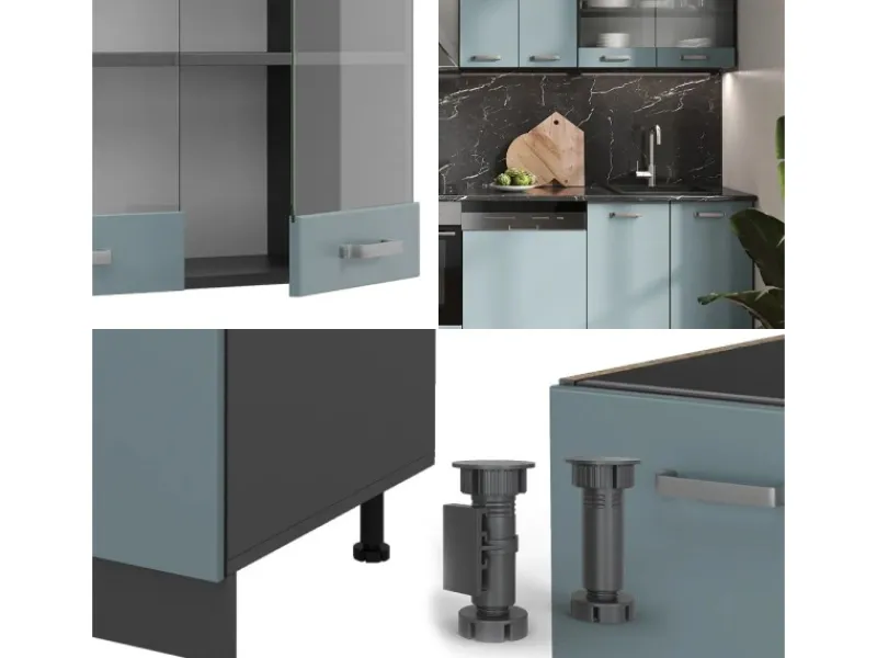 Outlet Vicco R-Line Küche Blau-Grau/Anthrazit 300 cm ohne Arbeitsplatte ohne E-Geräte Blaugrau