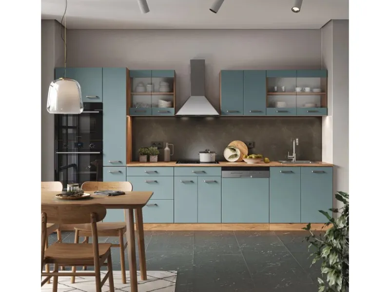 Hot Vicco R-Line Küche Blau-Grau/Goldkraft Eiche 350 cm mit Hochschrankohne Arbeitsplatte ohne E-Geräte Blaugrau