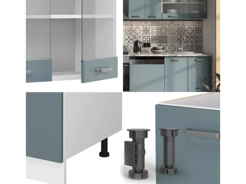 Pantryküchen|Einbauküchen<Vicco R-Line Küche Blau-Grau/Weiß 300 cm ohne Arbeitsplatte ohne E-Geräte