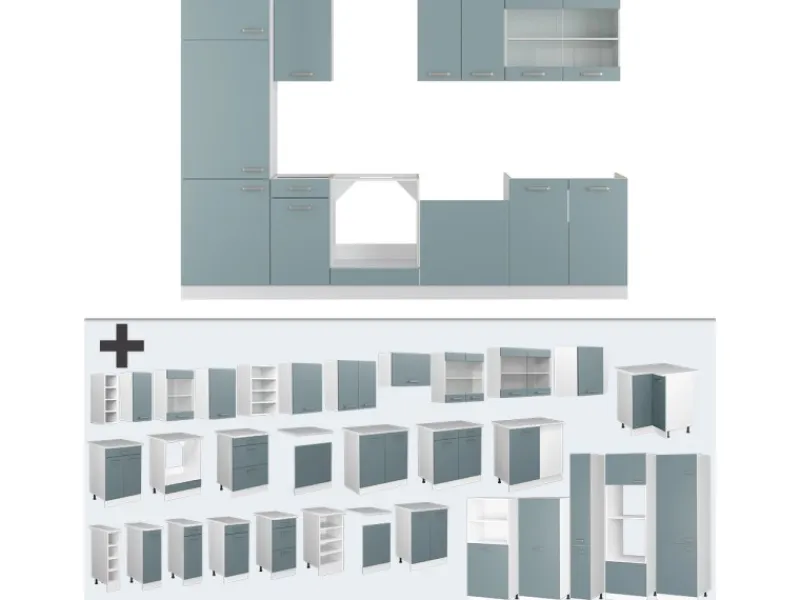 Pantryküchen|Einbauküchen<Vicco R-Line Küche Blau-Grau/Weiß 300 cm ohne Arbeitsplatte ohne E-Geräte
