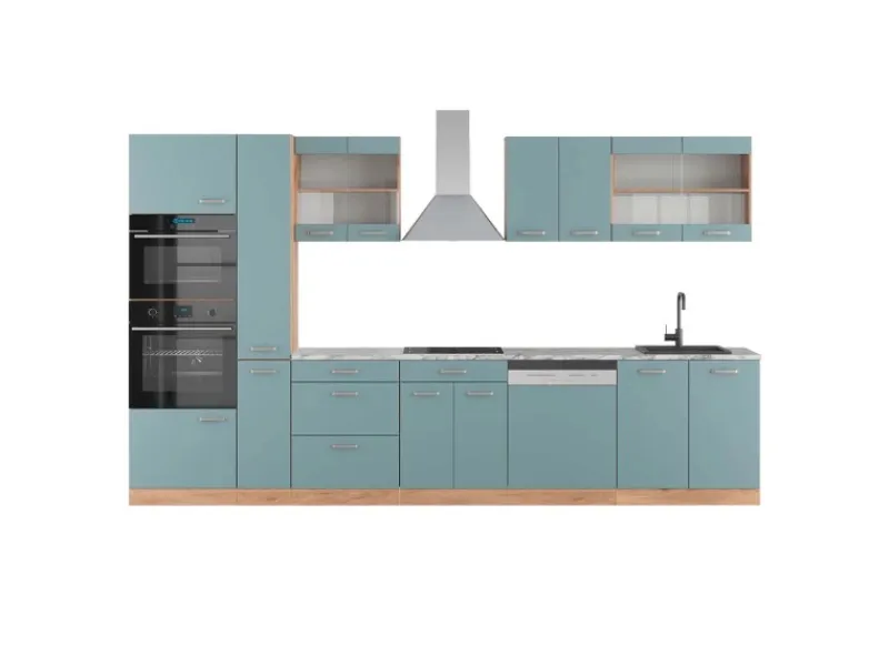 Vicco R-Line Küche Blau-Grau/Goldkraft Eiche 350 cm mit HochschrankAP Marmor ohne E-Geräte< Einbauküchen