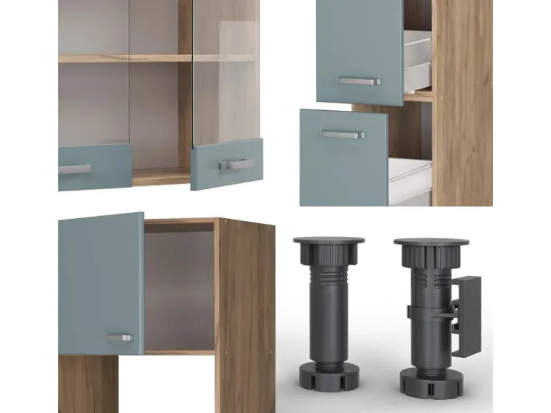 Vicco R-Line Küche Blau-Grau/Goldkraft Eiche 350 cm mit HochschrankAP Marmor ohne E-Geräte< Einbauküchen