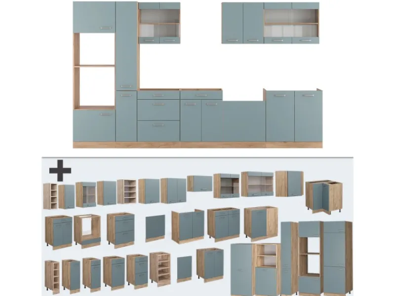 Vicco R-Line Küche Blau-Grau/Goldkraft Eiche 350 cm mit HochschrankAP Marmor ohne E-Geräte< Einbauküchen