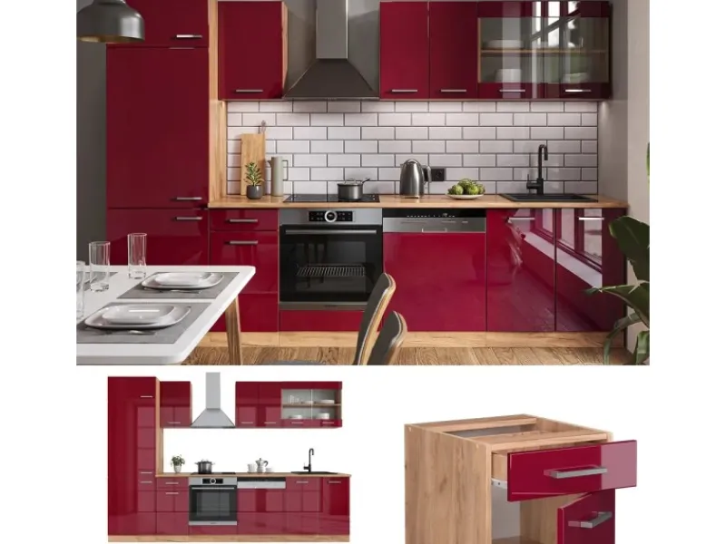Vicco R-Line Küche Bordeaux Hochglanz/Goldkraft Eiche 300 cm ohne Arbeitsplatte ohne E-Geräte< Einbauküchen
