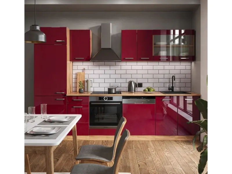 Vicco R-Line Küche Bordeaux Hochglanz/Goldkraft Eiche 300 cm ohne Arbeitsplatte ohne E-Geräte< Einbauküchen